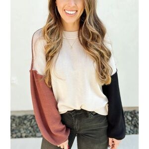 Colorblock Sweater with Rouge and Black Sleeves